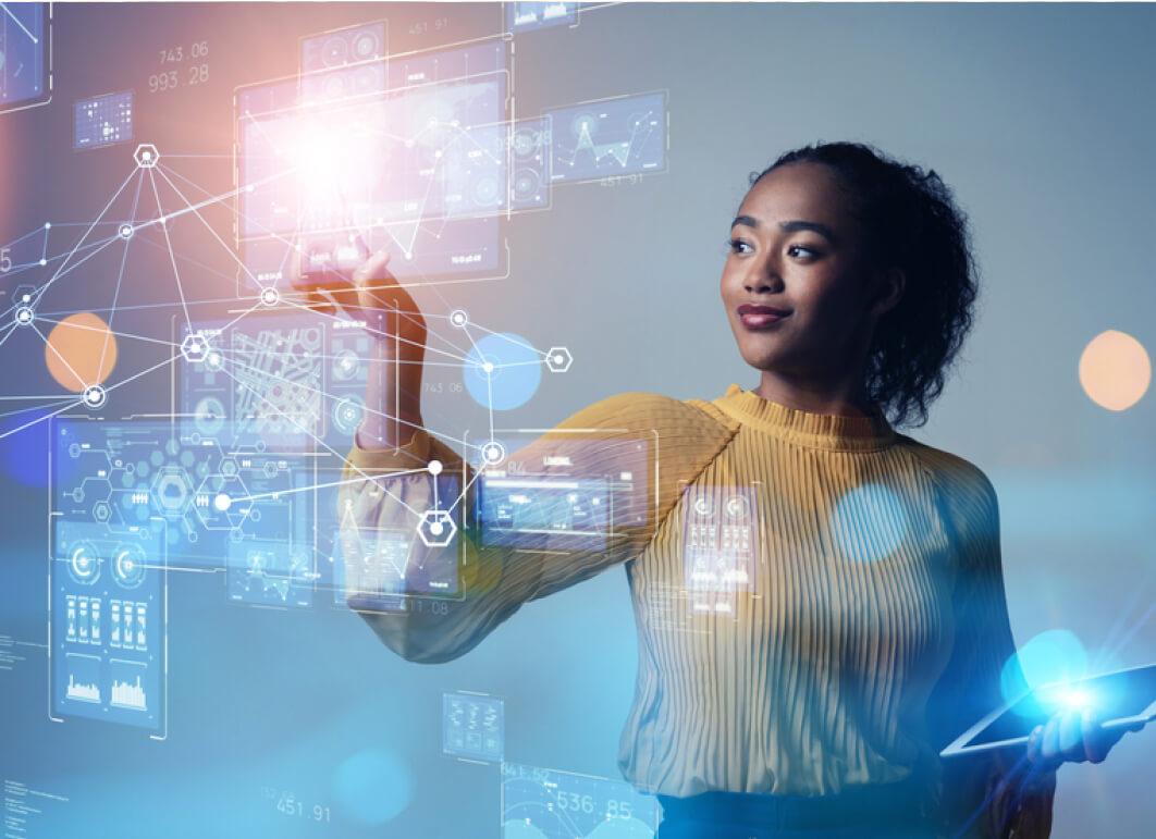 Woman engaging with digital artifacts