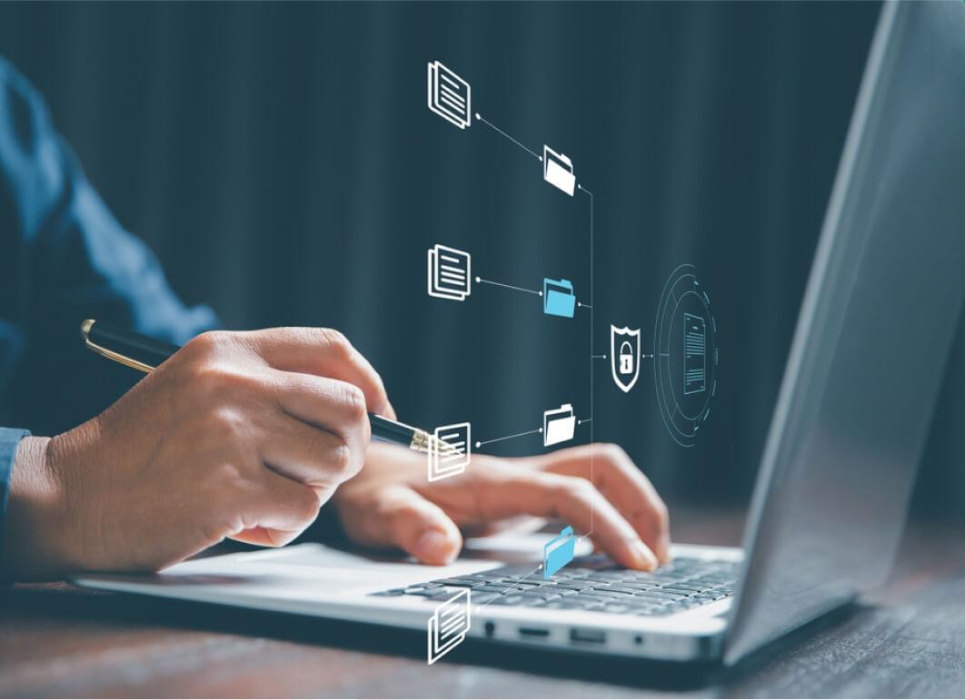 Person on computer with secure data