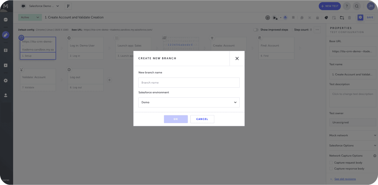 Create new branch in Testim Salesforce
